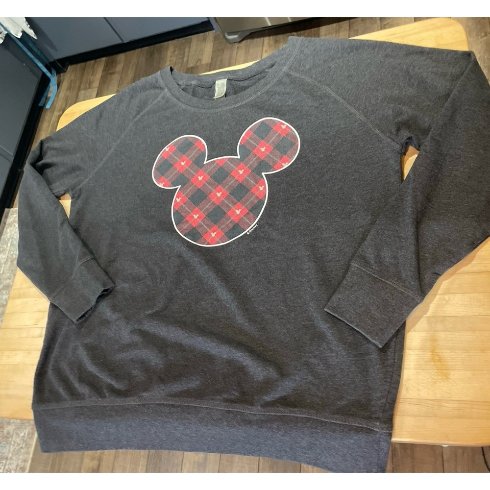 Disney Tartan Plaid Mickey Mouse Charcoal Gray Crewneck Sweatshirt Womens XL Vtg